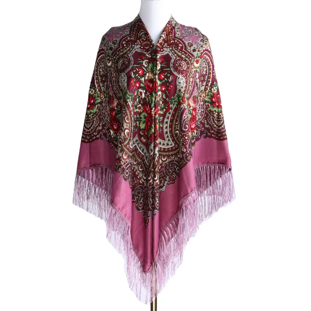 Russian Style 160x160cm Square Scarf Cotton Floral Print Head Wrap Tassel Extra Large Bandana Scarf Travel Use