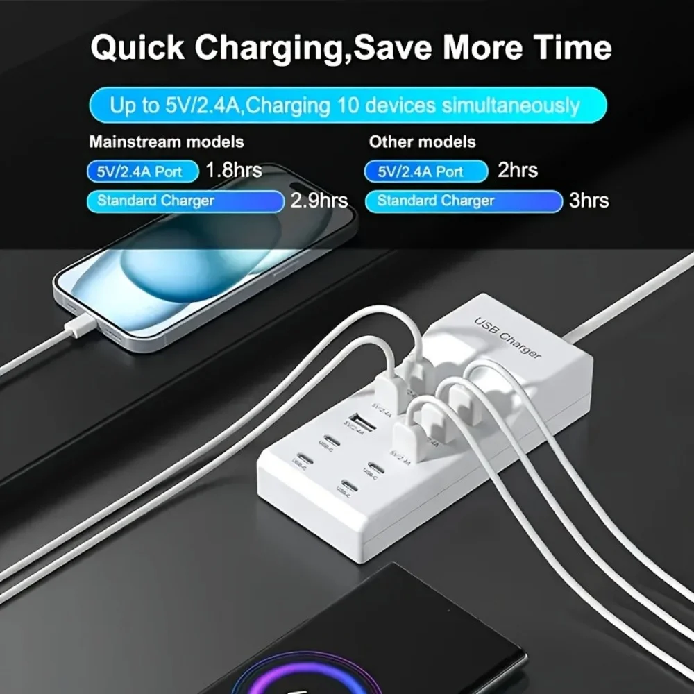 منافذ متعددة 10 في 1 شحن سريع شحن الهاتف USB نوع C محول الطاقة لسامسونج شاومي آيفون هواوي مآخذ قطاع الطاقة