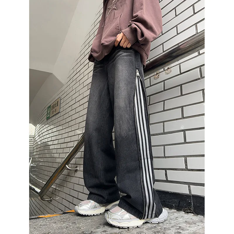 American Retro Jeans Striped Side Zipper Decoration Loose Wide Leg Pants Washed Straight Leg Casual Denim Pants Spring Autumn