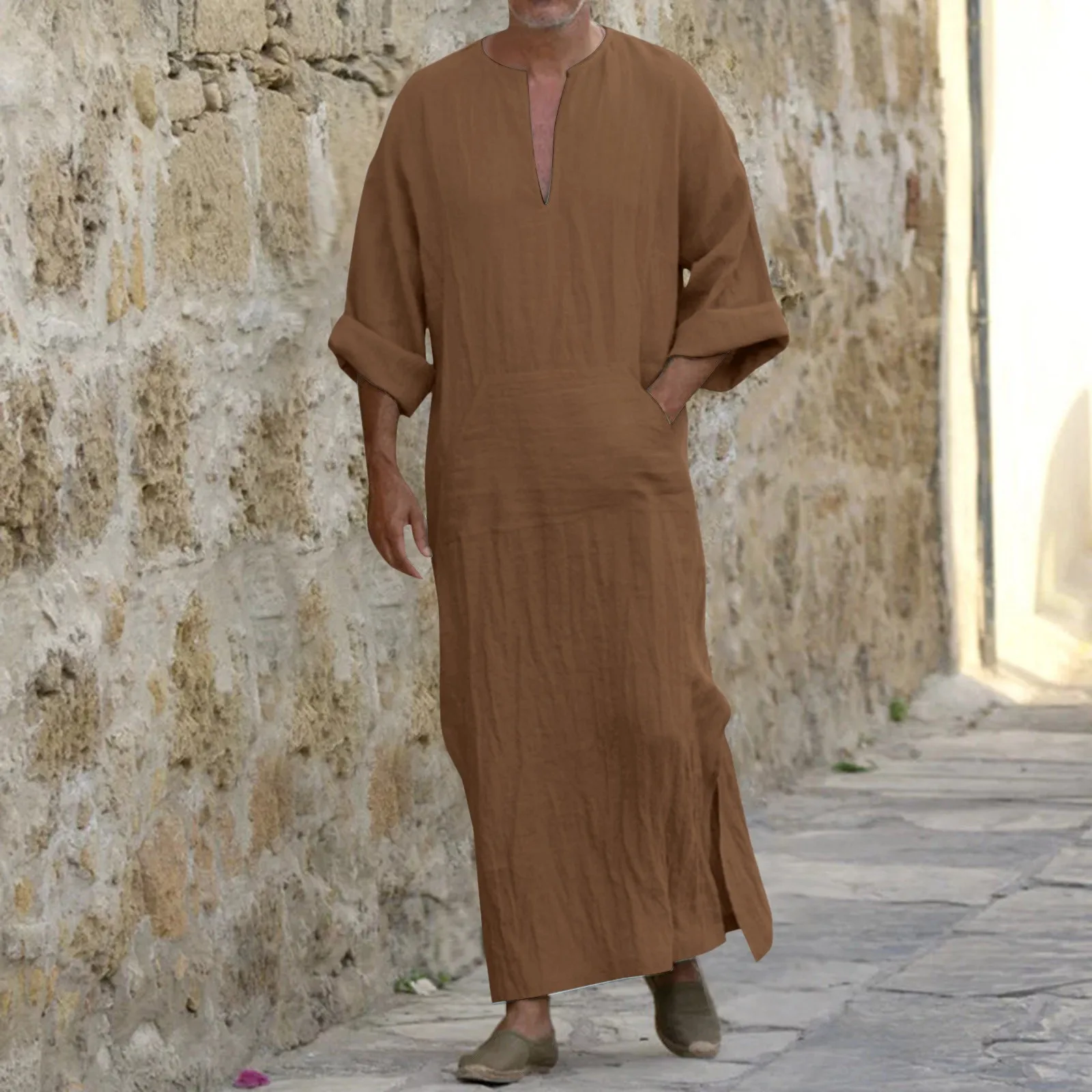 Robe musulmane à col en V pour hommes avec poches décontractées, manches longues, robe ethnique arabe vintage, vêtements islamiques Abaya masculins