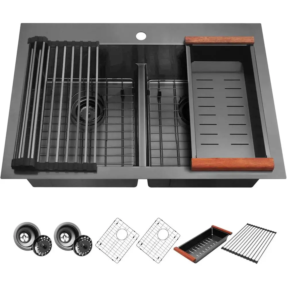 블랙 주방 싱크대, 더블 볼 주방 싱크대 또는 다수의 냄비와 프라이팬을 위한 33인치 x 22인치 드롭인 스테인리스 스틸 주방 싱크대 (싱크 스트레이너 포함)