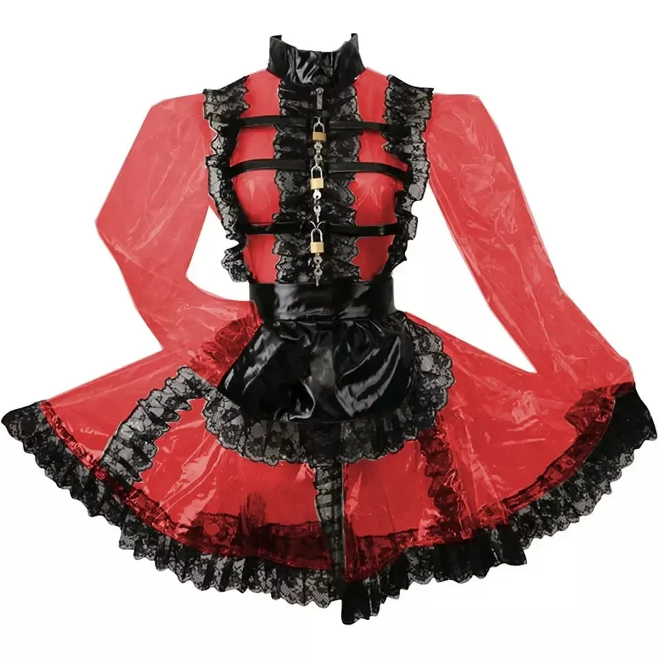 

Red sissy PVC lockable high neck lace dress with perspective effect sexy maid cosplay Christmas costume customized