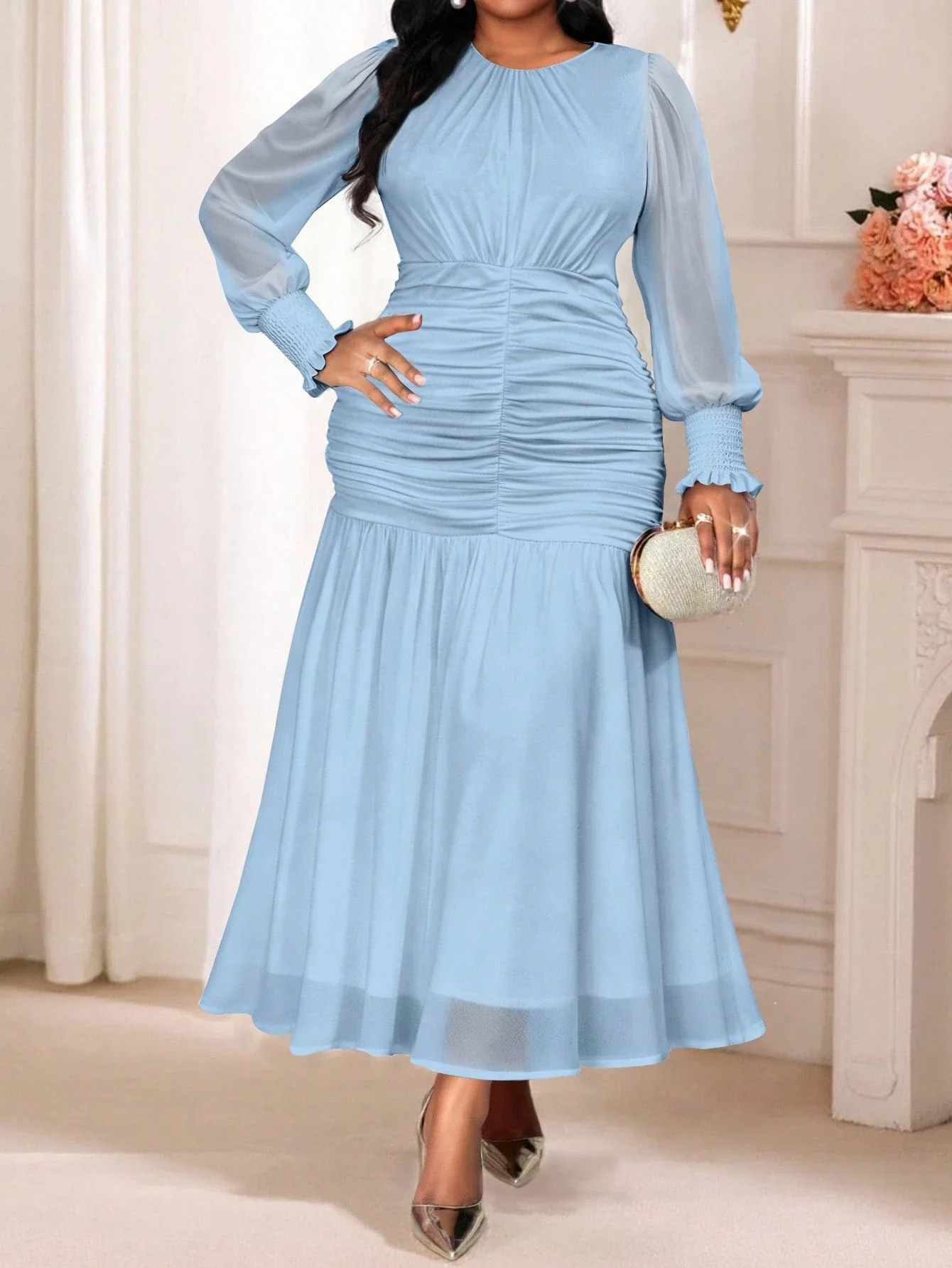 

Elegant Plus Size Ruched Blue Midi Dress For Party Formal Evening Outfit
