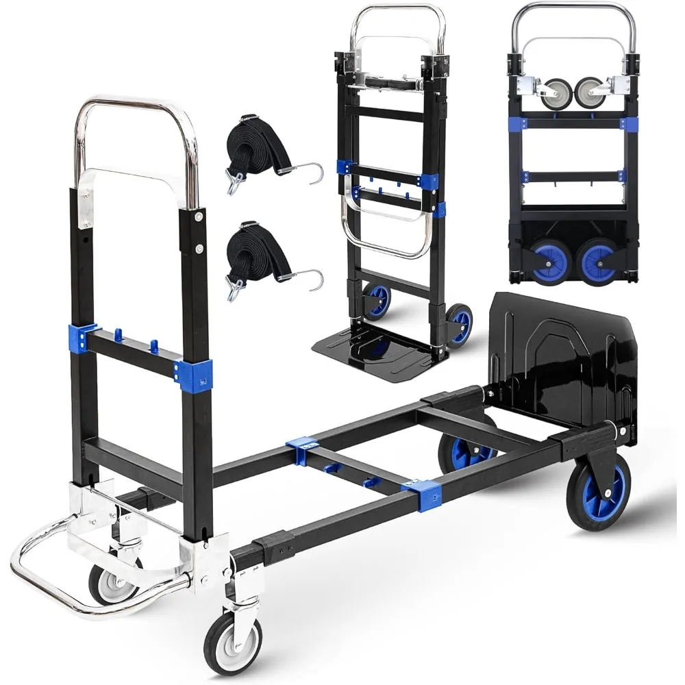 Enhanced 3-in-1 Folding Cart, 600-Pound Capacity, Sturdy Dual-Purpose Trolley with Telescoping Handle and Four Rubber Tires