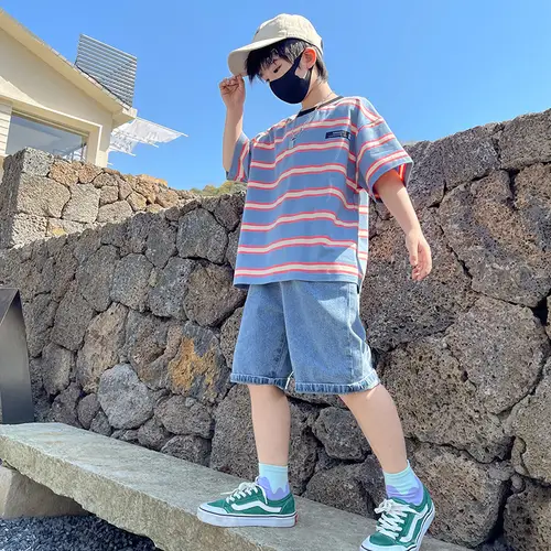 Tween Boy Summer Clothing Set Child Casual Cotton Stripe T-shirt & Denim Shorts 2 Piece Suit Teenage Kids Luxury Clothes Costume - Image 2