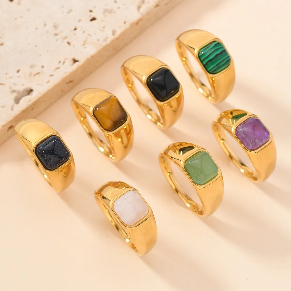 

6pcs 18K Gold Stainless Steel Ring Minimalist Band Inlay Square Stone Gemstone Unisex Matching Couple Rings Size 6-10