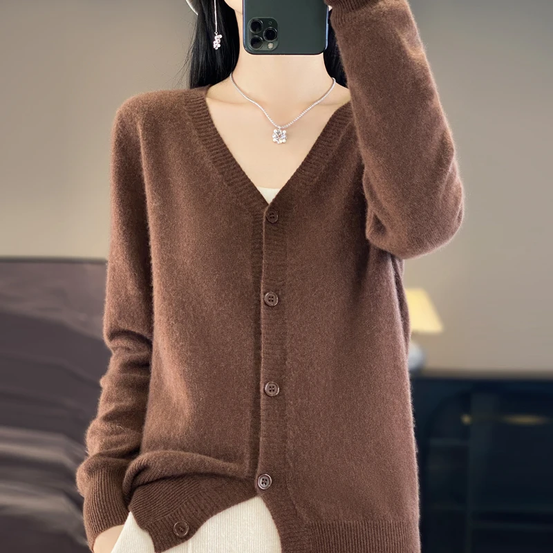 Women's Cardigan Spring/Autumn Solid Color Knitted Sweater Loose Ladies Tops Fashion V Neck Korean Style Single Breasted Blouse