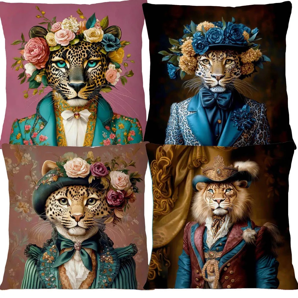 European Lion Leopard with Wreath Animals Portrait Cushion Covers Lady Giraffe Cow Pillowcase for Sofa