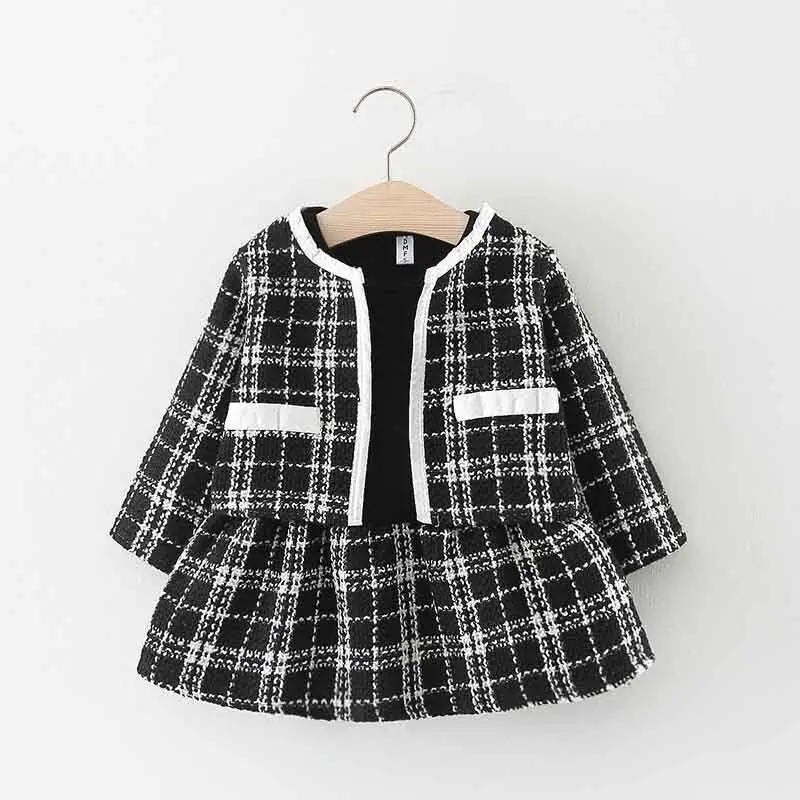 2023 Spring Girls Fashion 2pcs Plaid Suit Baby Kids Children Clothing Set Including Coat+ Dress