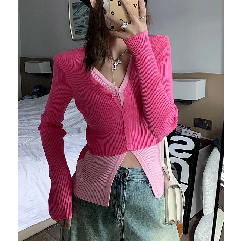 

Spring Women Vintage Patchwork Color Knitted Cardigans y2k Streetwear Sweater Korean Fashion Slim Long Sleeve Knitwear Tops