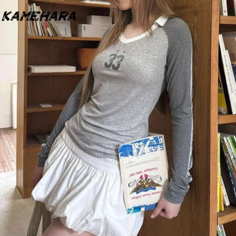 KAMEHARA تي شيرت رياضي عتيق للسيدات Y2k أنيق رمادي كوكيت علوي نمط Preppy Blokecore ريترو كم طويل تي شيرت جمالي