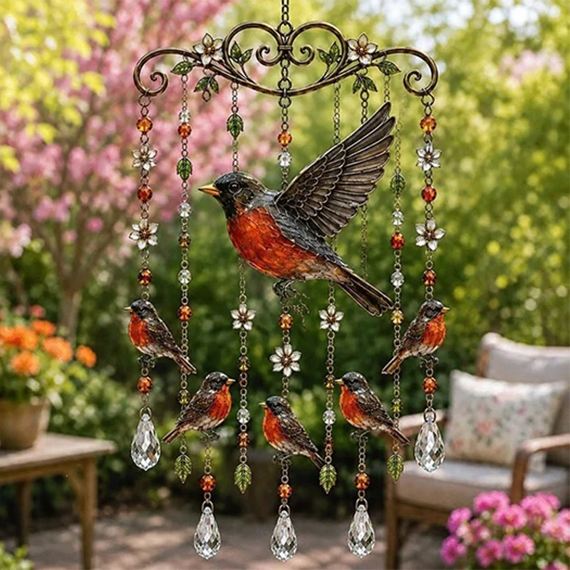 Vintage Hummingbird Wind Chime Handcrafted Hanging Wind Chime With Floral Decor Crystal Beads Colorful Bird Ornament Outdoor Dec