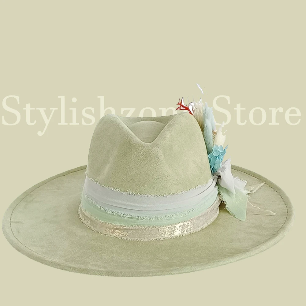 Custom Matcha Green Dried Flower Fedora|Wide Brim Hat | Custom Design Hat | Rancher Hat | Fashion Hat | Bridal Hat | Western Hat
