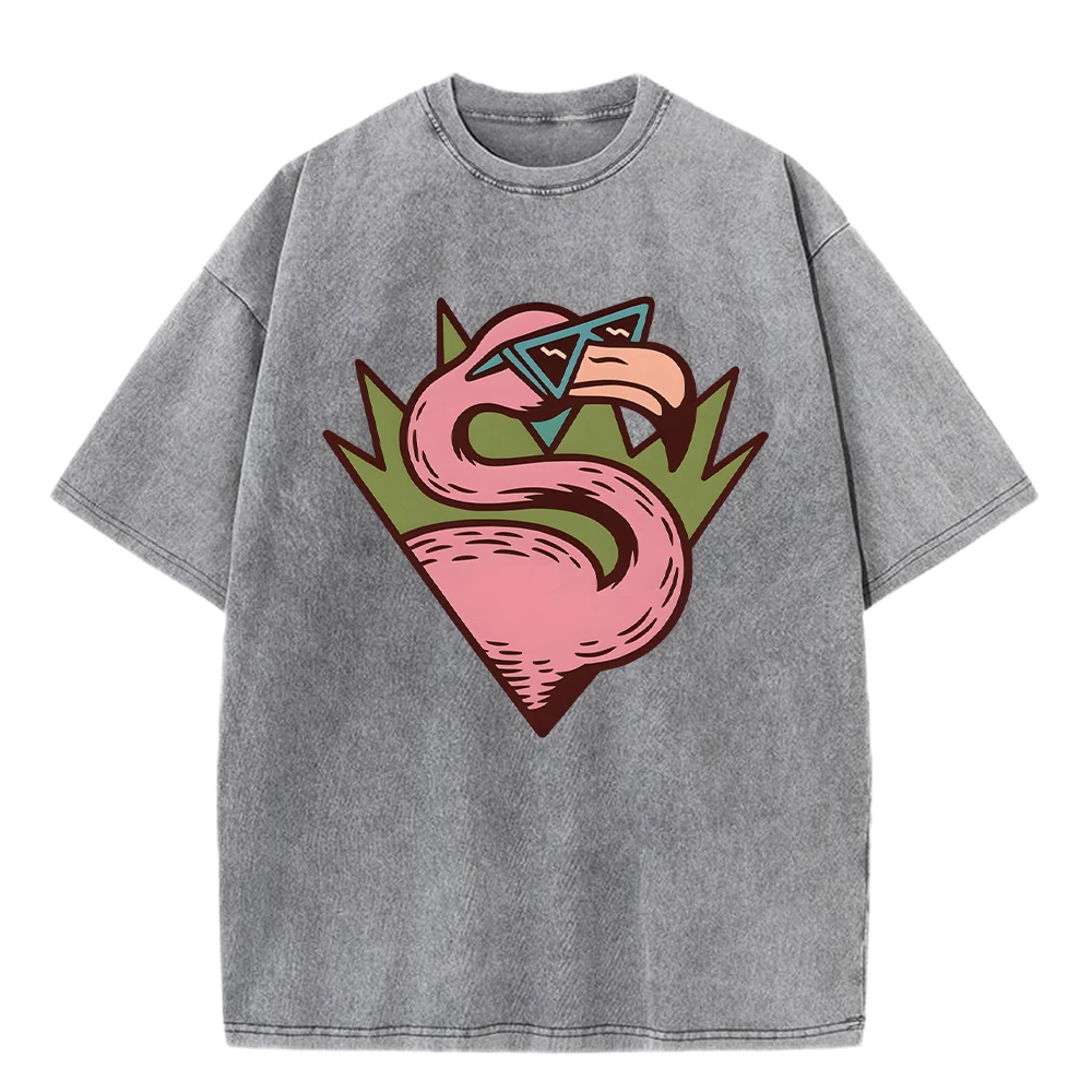 

Flamingo Cartoon Print Man'S Washed T Shirt Summer O-Neck Oversize Short Sleeve Cotton Soft Clothes Casual Fashion T-Shirt