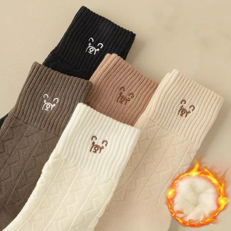 1/2pairs Winter Warm Thick Plush Socks Women Solid Color Cartoon Bear Embroidery Long Sox Soft Wool Floor Sleeping Snow Stocking