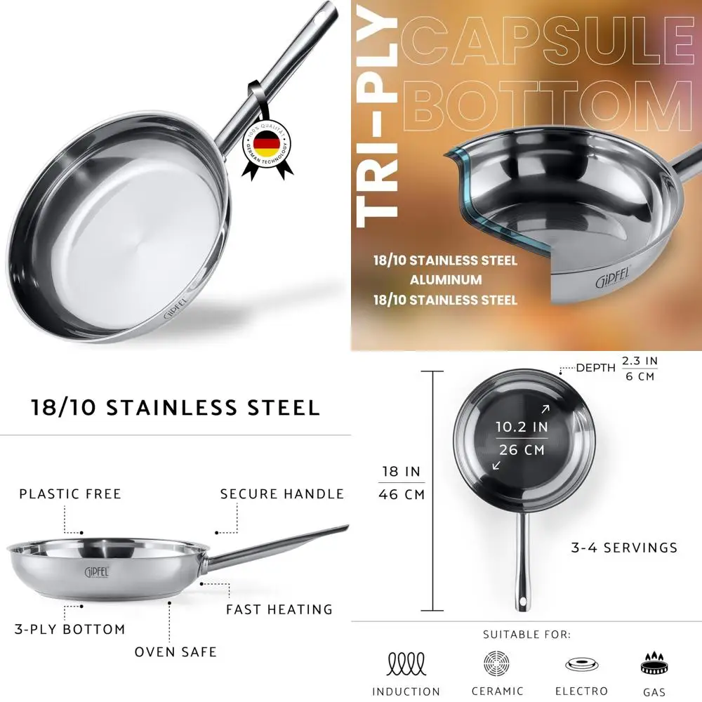 

Набор сковородок из нержавеющей стали размером 8, 10 и 12 дюймов — трехслойная посуда для здорового приготовления пищи