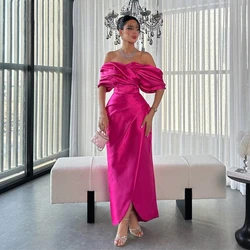 Customized Pink Mermaid Fashion Formal Event Dress Off The Shoulder Satin Slit Ankle Length Evening Gown Party Dresses