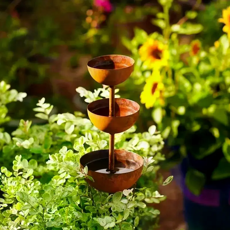 Support Metal Garden Ornament,Garden Stake With 3-Tiered Water Bowls, Bee Bird Water Feeder Bath, Outdoor Yard Patio Decor Plant