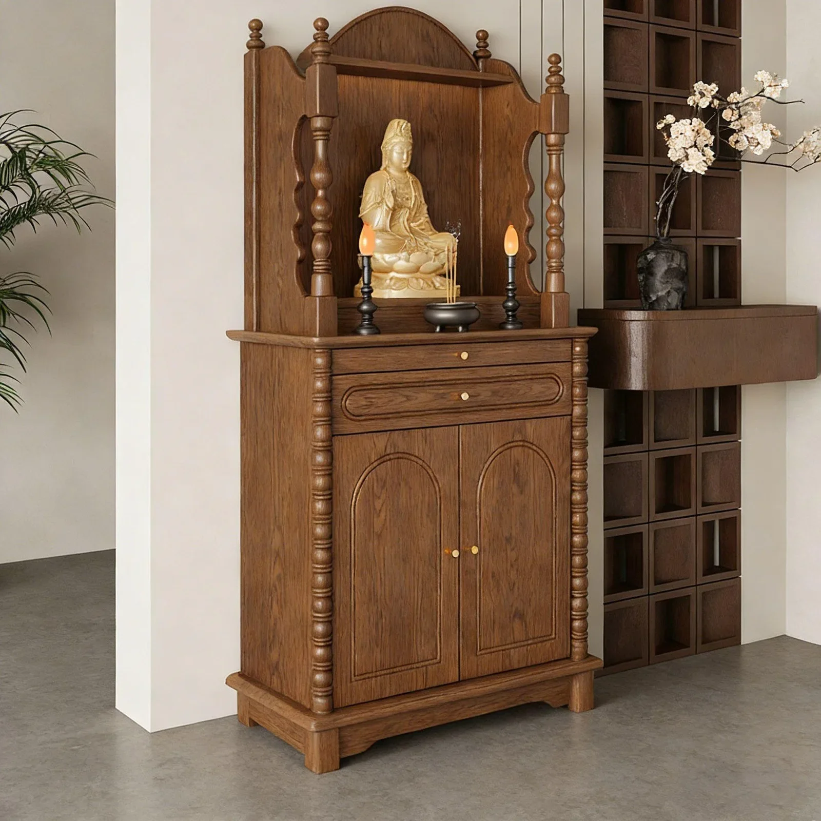 DSA New Chinese Style Solid Wood Buddha Cabinet Double-Layer Offering Cabinet Classical Carved Household Deity Table Cabinet