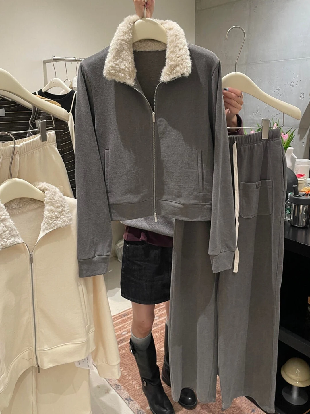Korean Style Premium Faux Fur Collar Sweatshirt Set Women's Casual Long Pants Two-Piece Autumn Winter New Fashion Ensemble