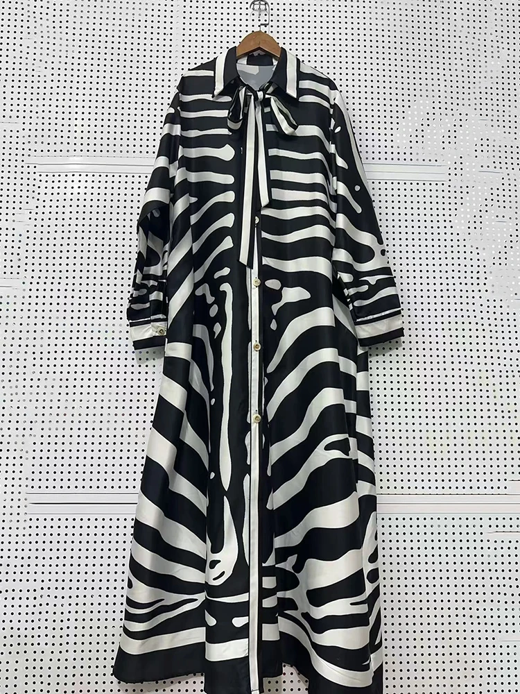 2025 herfst dames bladerdeegrok retro zebrapatroon bedrukte kraag lange jurk modieuze losse shirtrok met lange mouwen
