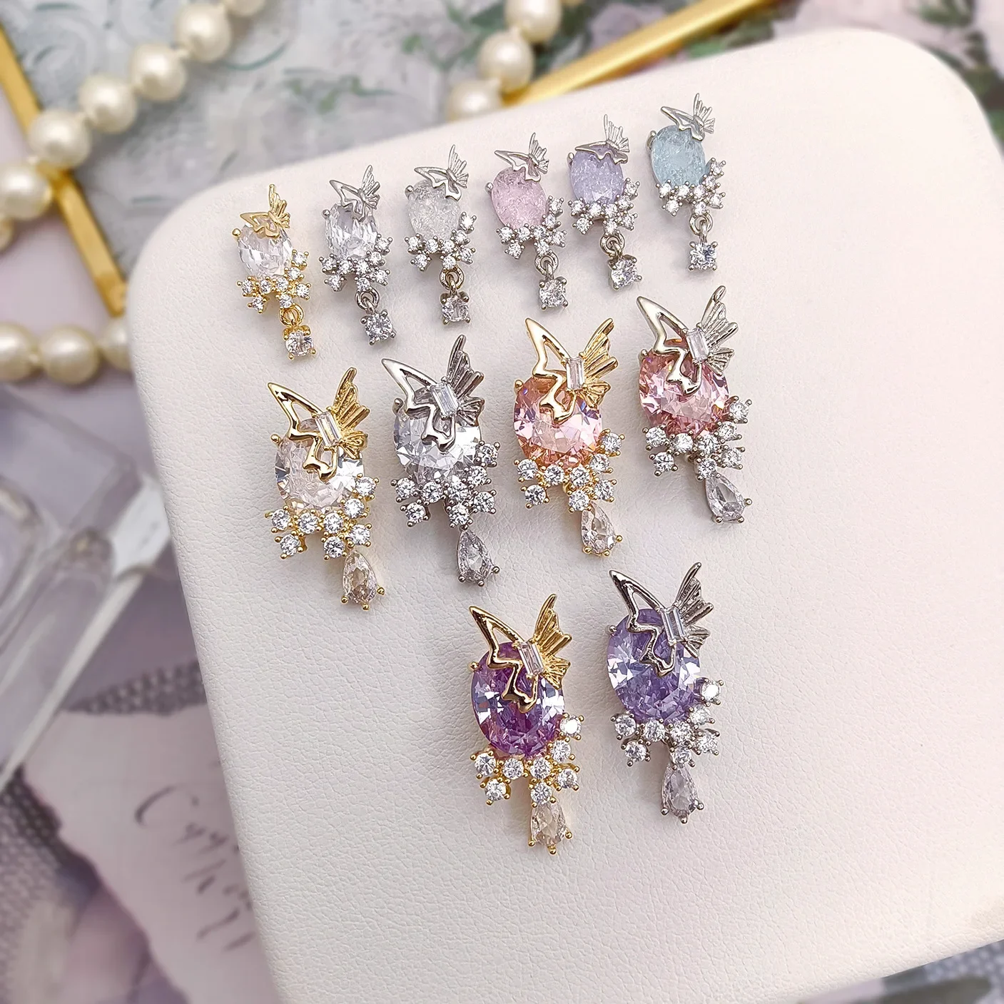 5Pcs Nail Charm Zircon Pigeon Egg Set Zirconia Genuine Gold Plated Nail Accessories Gold Silver Butterfly Jewelry Design