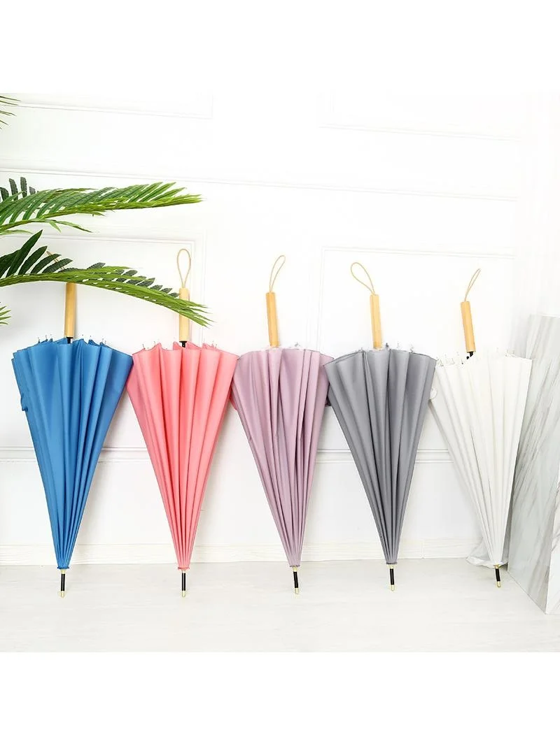 Elegant Long Handle Wooden Stool 16K Straight Stick Umbrella Unisex High Aesthetic Value Simple Pure Color Creative Vintage R...