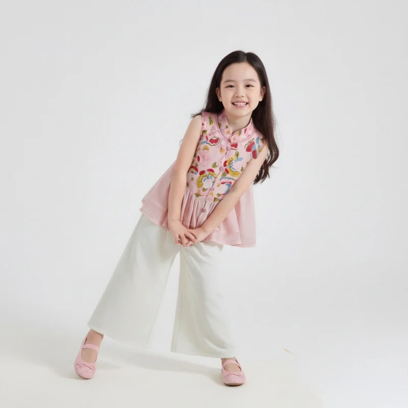

Girls' Summer New Style Chinese Style Stand Collar Printed Sleeveless Top and Wide-Leg Pants Two-Piece Set for Baby Girls