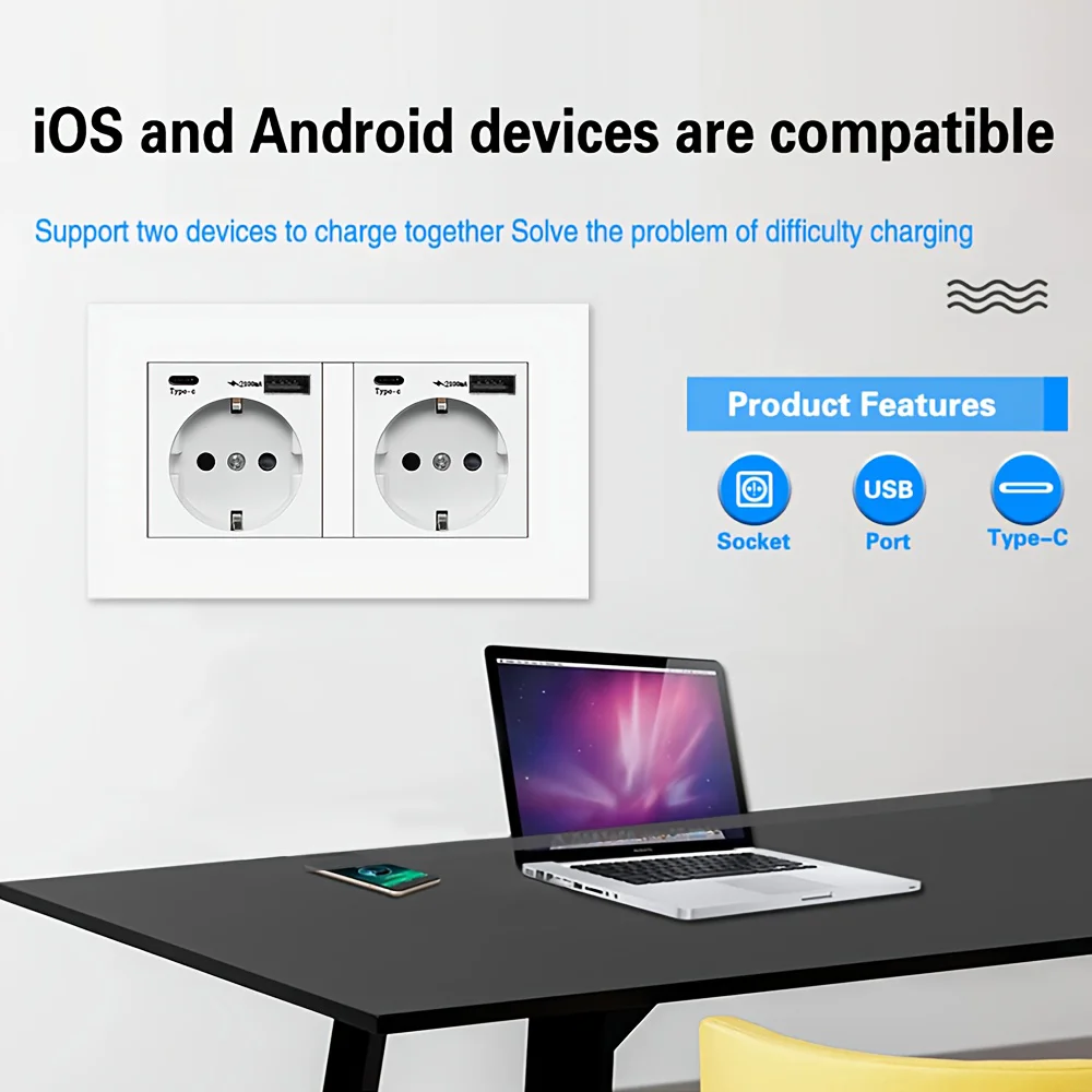 EU規格2.1A Type-C USBソケット、16A電源パネルダブルコンセント、AC 110～250V 146mm×86mmダブルフレーム高品質電源コンセント