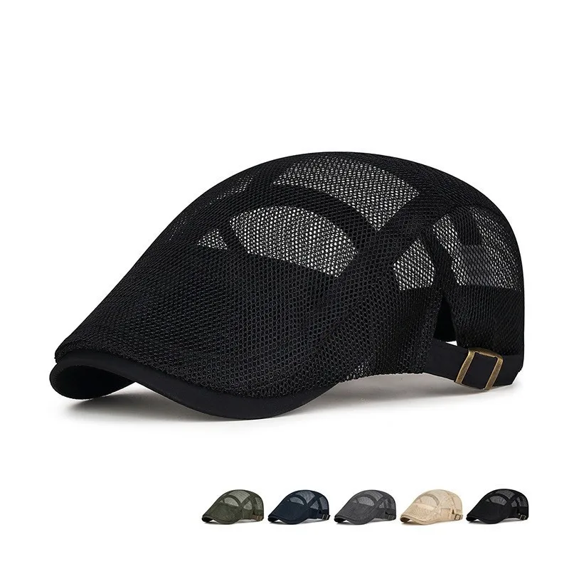 Mesh Flat Cap Unisex Summer Breathable Ivy Cap Daily Casual Quick Dry Adjustable Curved Short Brim Driving Newsboy Cap Walking