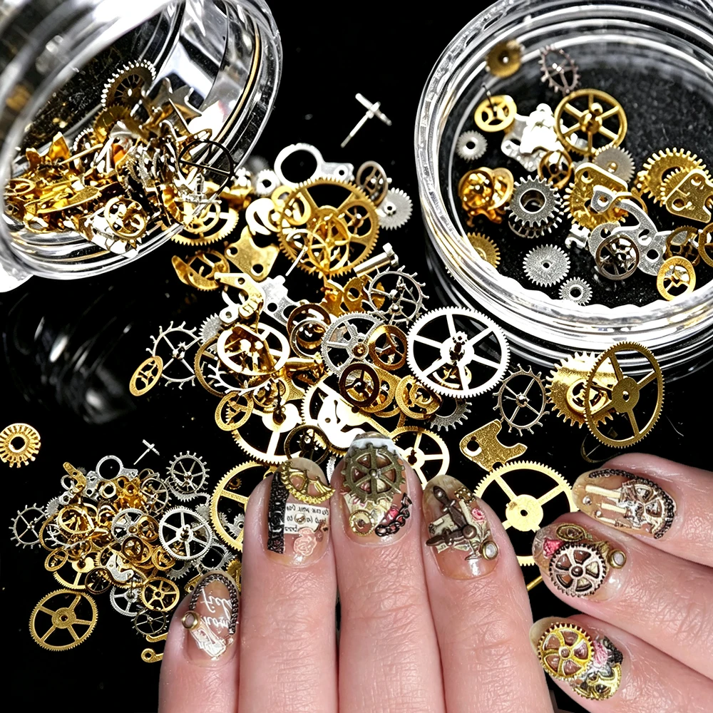 120Pcs/box Gold Silver Gear Studs Nail Charms 3D Mixed Metal Steam Mechanical Punk Nail Alloy Y2k Wheel Rivet Manicure Accessori