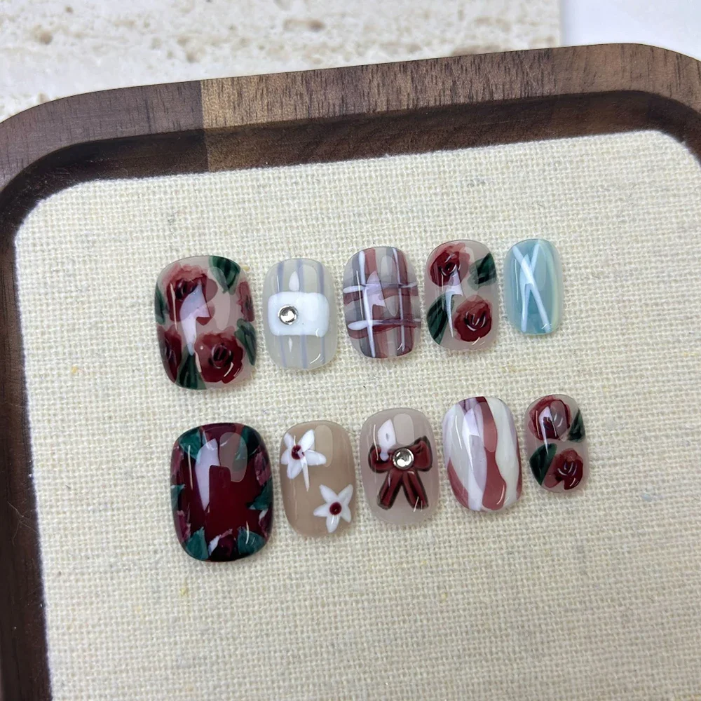 10Pcs 라이트 럭셔리 손톱에 고품질 수제 프레스 매직 미러 파우더 그라디언트 짧은 사각형 타원형 웨어러블 틀린 손톱