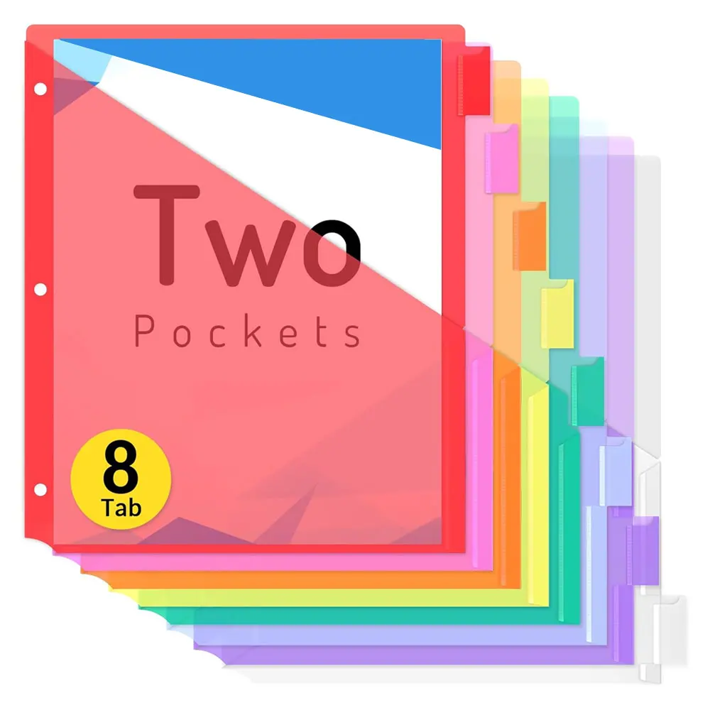 Pacote de 8 organizadores de documentos com dois bolsos, divisores com aba para fichários de 3 anéis, tamanho carta, divisores de plástico duráveis.