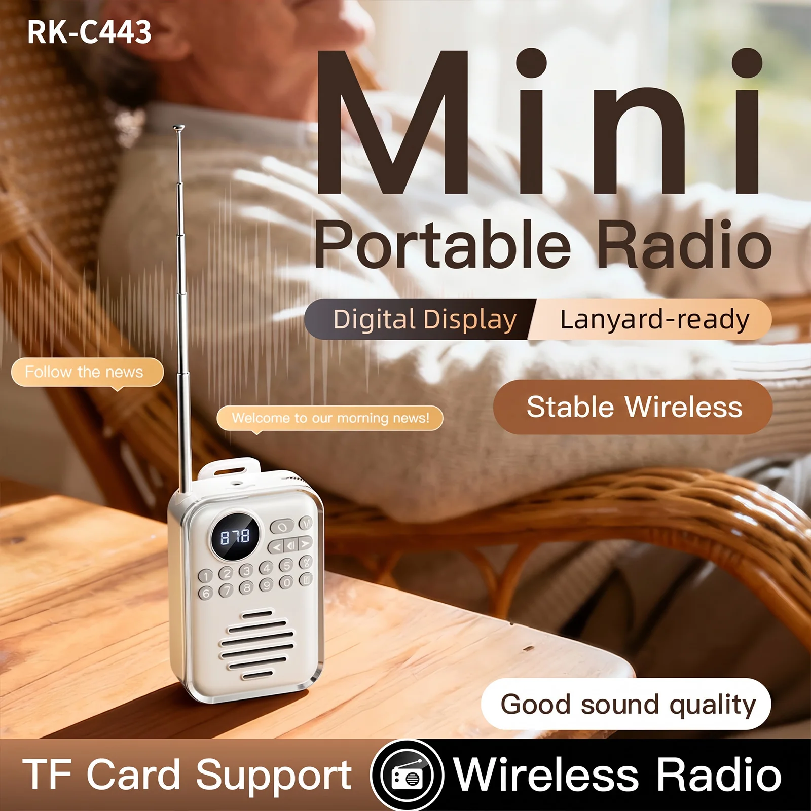 Mini Digital FM Receiver with 400mAh Rechargeable Battery Multi-Mode Playback for Radio Opera Stories Listening Comprehension