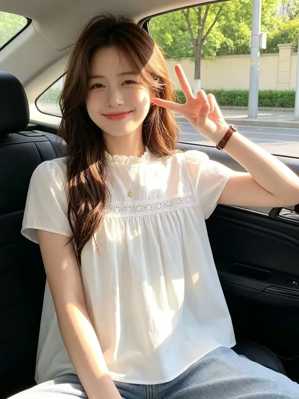 

Sweet Short Sleeve Hollow out Lace Trim Shirt Women's Summer New Folded Design Girl's Sweet Top Korean Style Breathable Thin