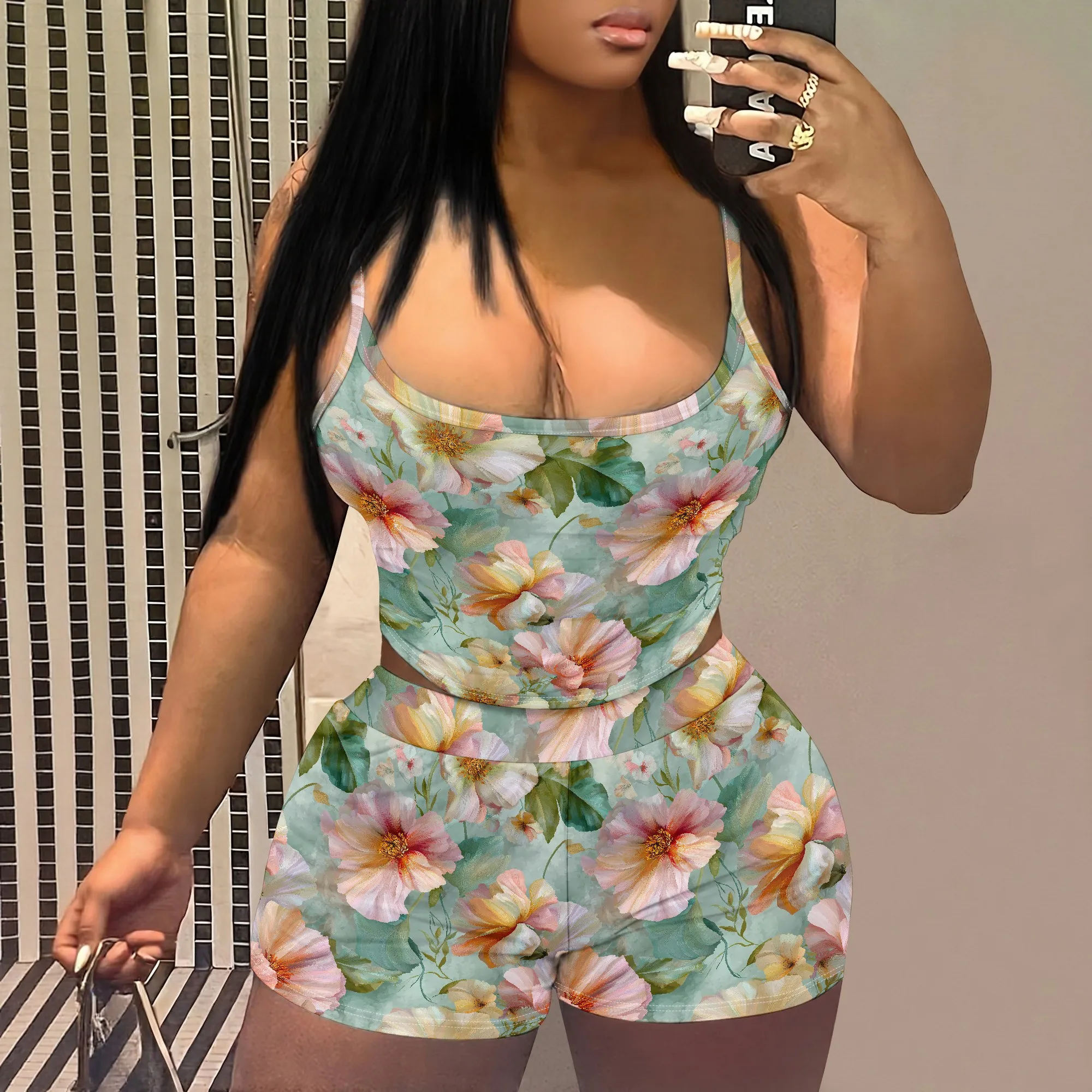Floral Print Cami Set, Tropical Flower Tank Top And Shorts Outfit, Summer Beach Vacation Wear, S-2XL