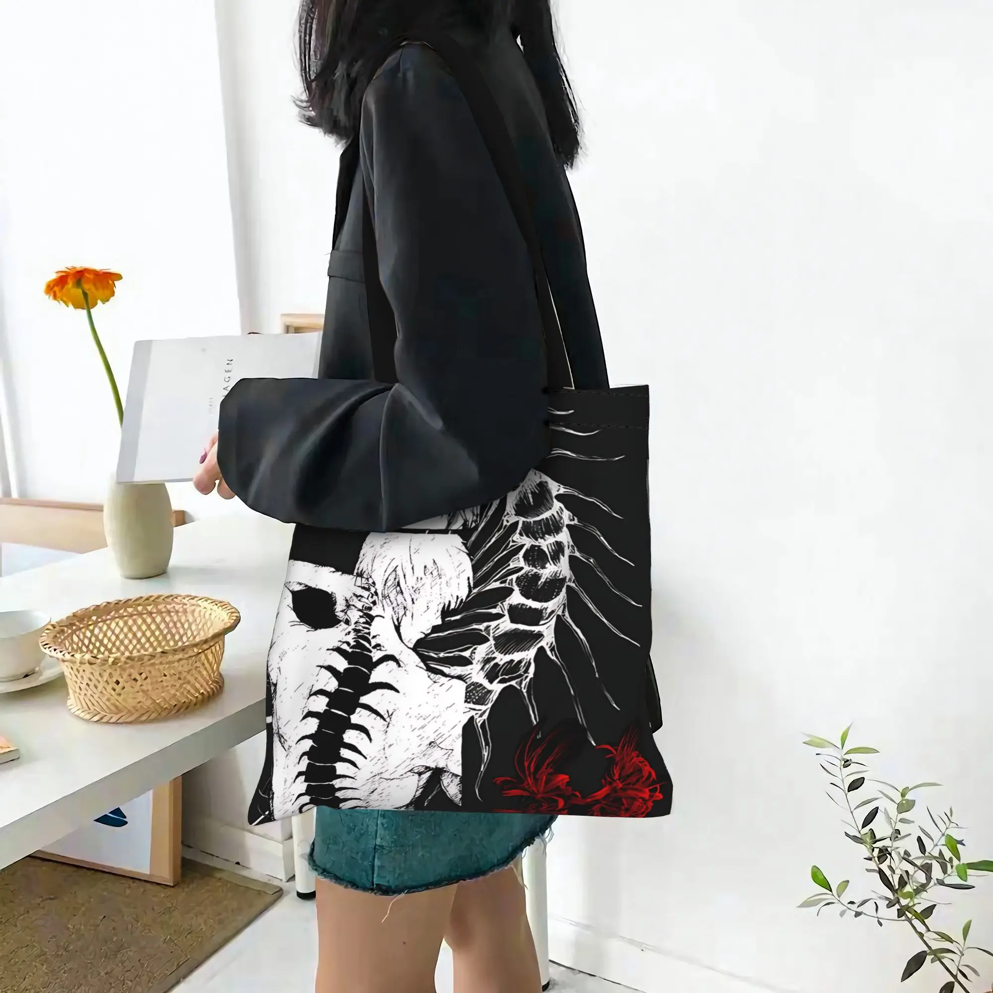 Customized Halloween Tokyo Ghoul Kaneki Women's Bag Shopping Bag Reusable Double Sided Canvas Tote Bag Shoulder  Handbag