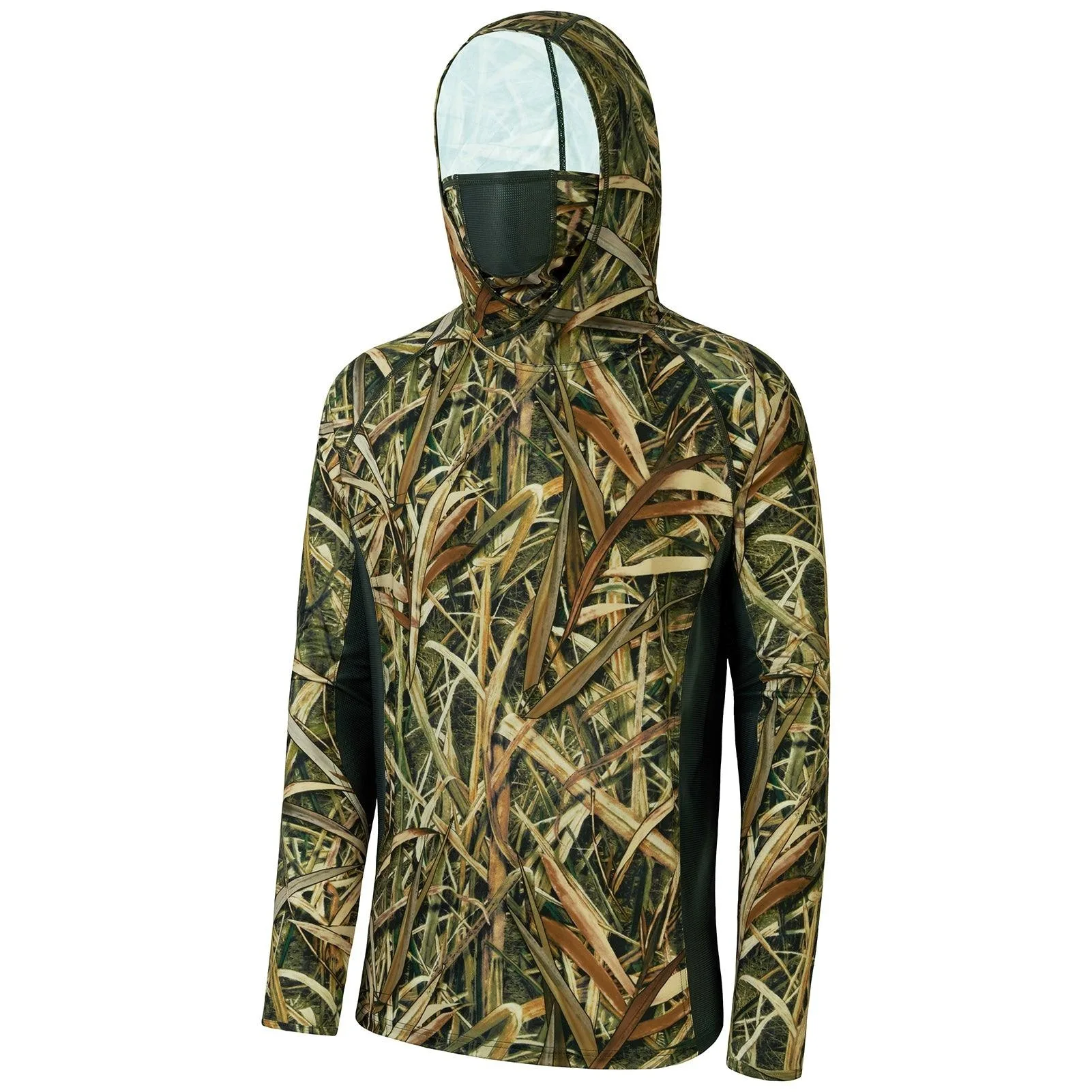 Outdoor Men 3D Leaf Camo Print Hooded Shirt Built‑in Face Mask Sun Protection Hunting Fishing Long Sleeve Tops