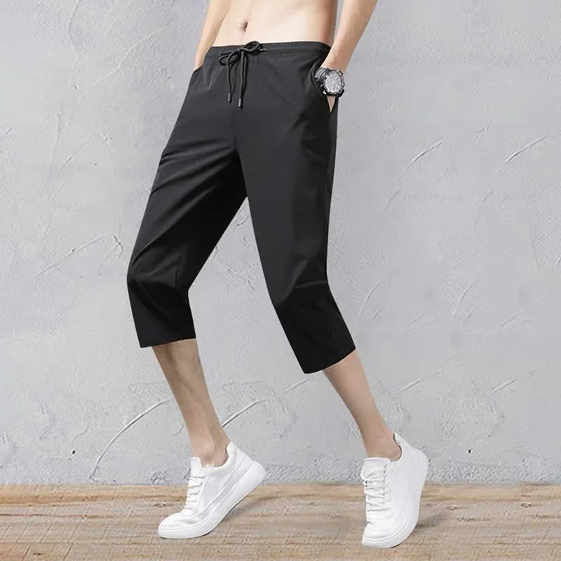 2024 Summer Men\'s Shorts Breathable Stretched Nylon Ice Silk 3/4 Short Capris Pants Sports Breeches Plus Size Casual Shorts Male