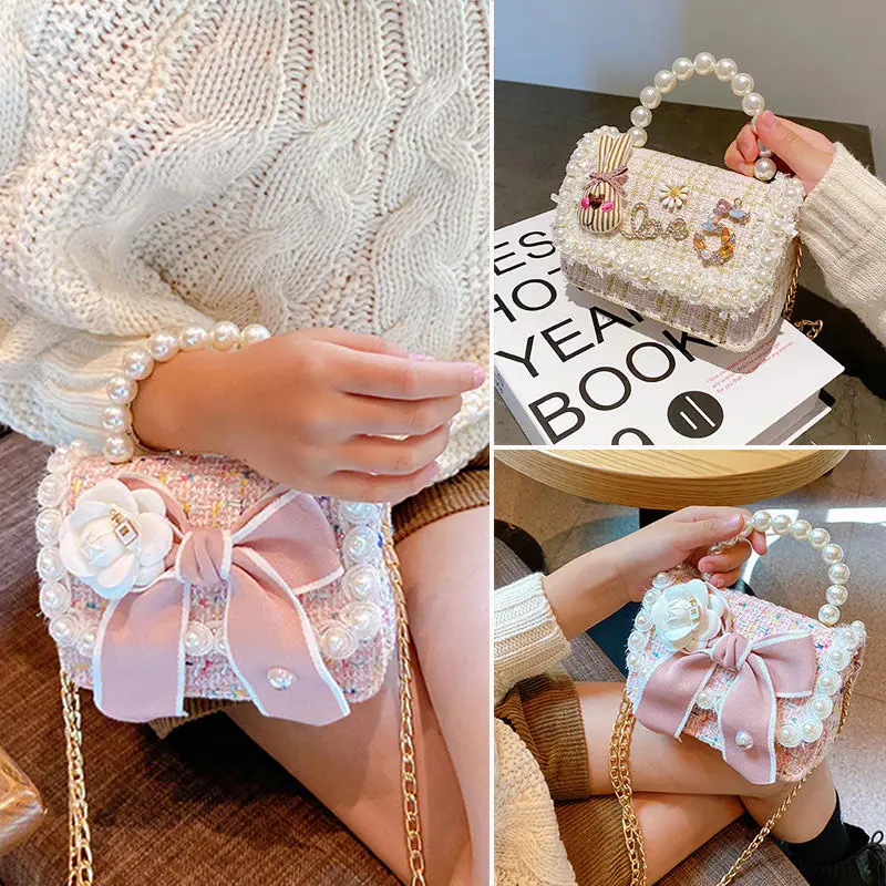 Girl's Crossbody Bag Flower Pearl Handbag Bow-knot Rabbit Shoulder Pocket Coin Purse Kids Princess Messenger Bag Birthday Gift