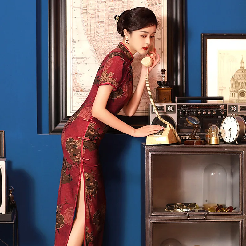 

Yourqipao Summer Floral Red Cheongsam Short-sleeved Retro Elegant Show Performance Qipao Chinese Style Evening Dress for Women
