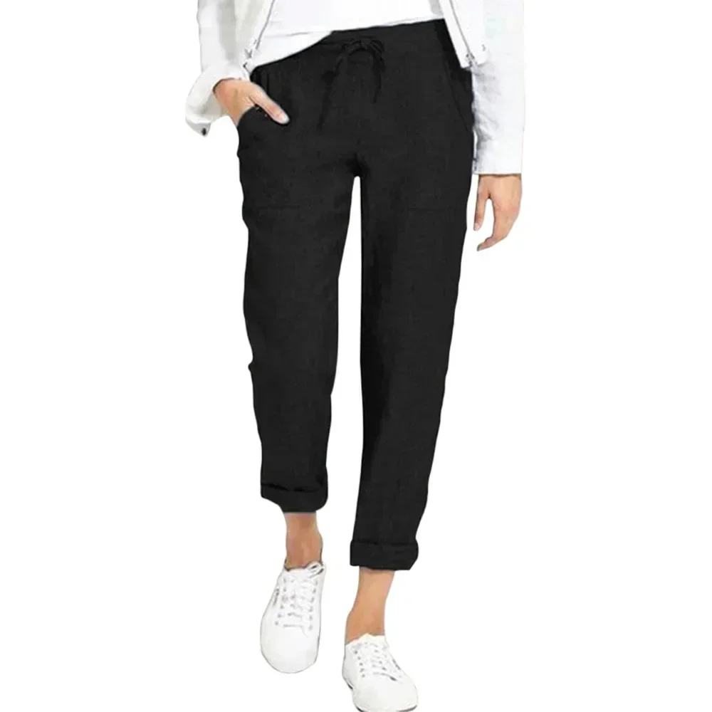 2025 Summer Cotton Linen Women's Pants Black Lace Up Pockets High Waist Casual Pants Spring Female Fashion Office Ladies Bottom