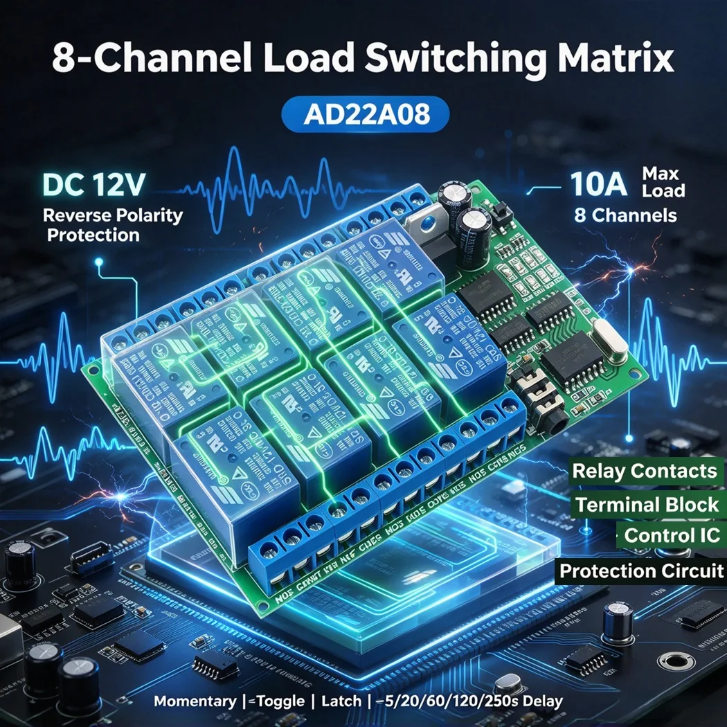 AD22A08 8CH DTMF Relay Controller DC12V Reverse Polarity Protection 10A Remote Switch for Home Automation Industrial Control