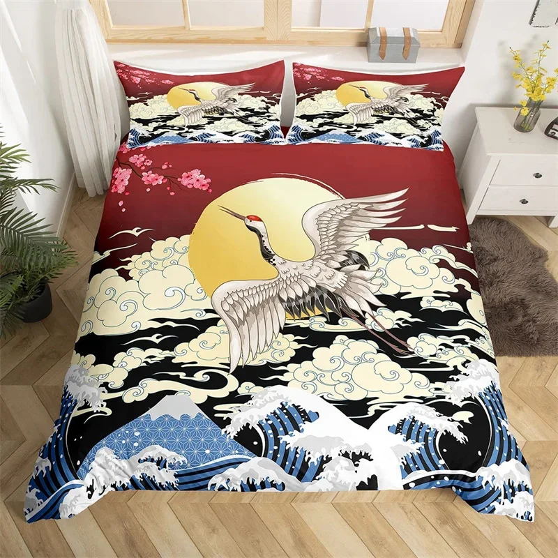 Japanese Ukiyoe Bedding Set White Fox Blossoms Floral Duvet Cover Polyester Galaxy Exotic Animal Comforter Cover Twin Queen Size