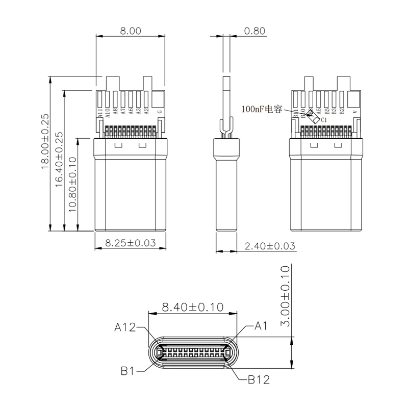 1 Stück Typ-C Board-Mount Stecker 24-Pin USB 3.1 Buchse mit Leiterplatte 16 Lötstellen Typ-C Buchse Ladeanschluss – Detail 5