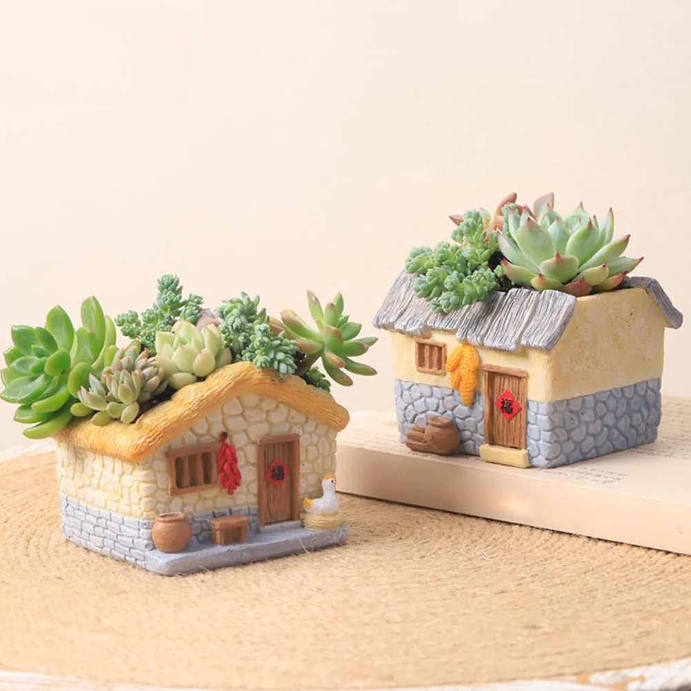 Farmhouse Succulent Pot House Shape Bonsai Pot Decorative Bonsai Container Resin Garden Plant Pot Multi-Function for Home Office