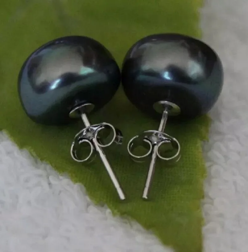 Fashion Jewelry AAA 9-10mm natural TAHITIAN black pearl 14K white gold earrings