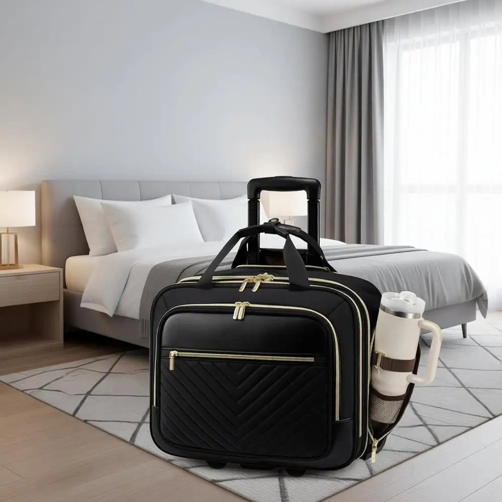 

17.3 Inch Rolling Laptop Bag for Women - Wheeled Briefcase, Travel and Underseat Carry-On Luggage, Black