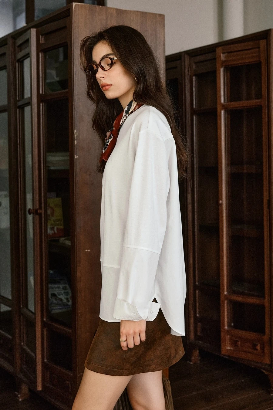 OLrain Minimalist Ladies Blouses Women's Cotton Blend Splicing Loose Long Sleeve Tops 2025 Autumn Woman Clothing M57QC000035