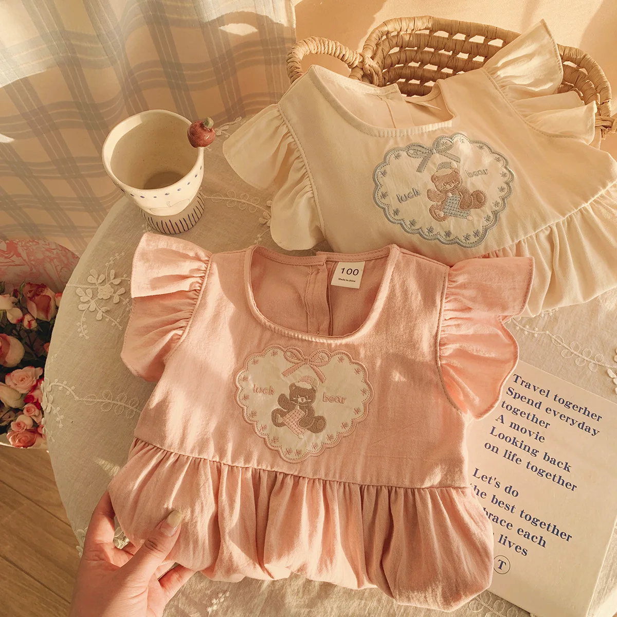 Love Bear Embroidered Girls Dress 2026 Summer Lotus Leaf Edge Small Flying Sleeve Children's Skirt